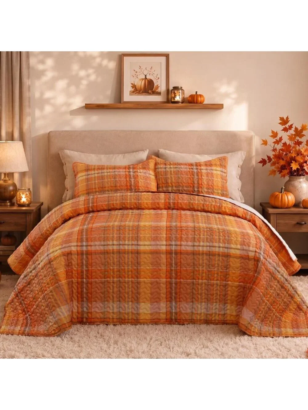 King Size Halloween Quilt Set - Orange Plaid Bedspread & 3-Piece Bedding Set